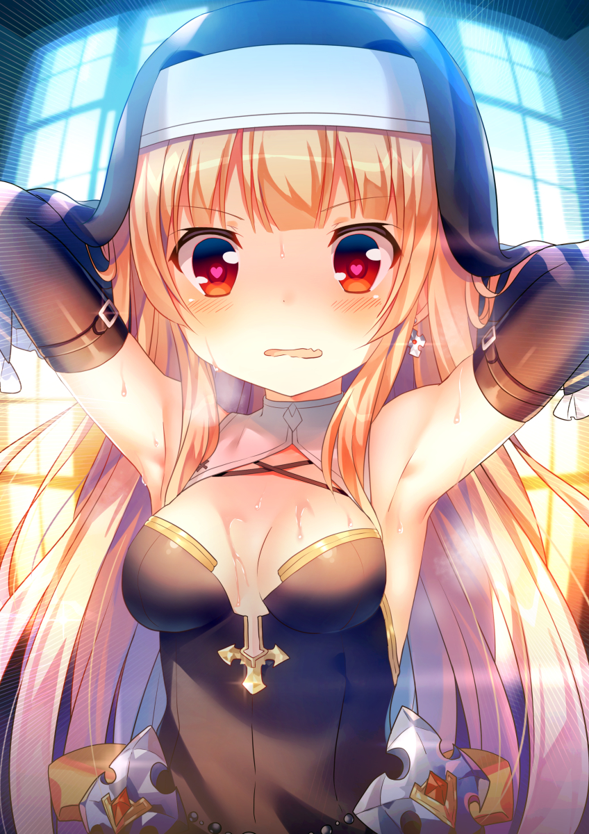 1girl armpits arms_behind_head arms_up backlighting bare_shoulders beads black_gloves blonde_hair blush breasts breasts_apart breath craytm cross earrings elbow_gloves fang female_focus glint gloves habit heart heart-shaped_pupils highres jewelry long_hair looking_at_viewer medium_breasts open_mouth original red_eyes sidelocks single_earring solo sweat symbol-shaped_pupils upper_body veil wavy_mouth window