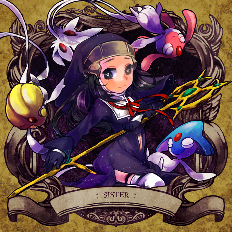00s 1girl alternate_costume arceus azelf black_eyes black_hair cambo_copoca closed_eyes creature dawn_(pokemon) english_text floating flying gen_4_pokemon gloves hair_ribbon hat legendary_pokemon looking_at_viewer mesprit multiple_tails mythical_pokemon nintendo nun pokemon pokemon_(creature) pokemon_dppt priest ribbon robe rod tail thighhighs uxie