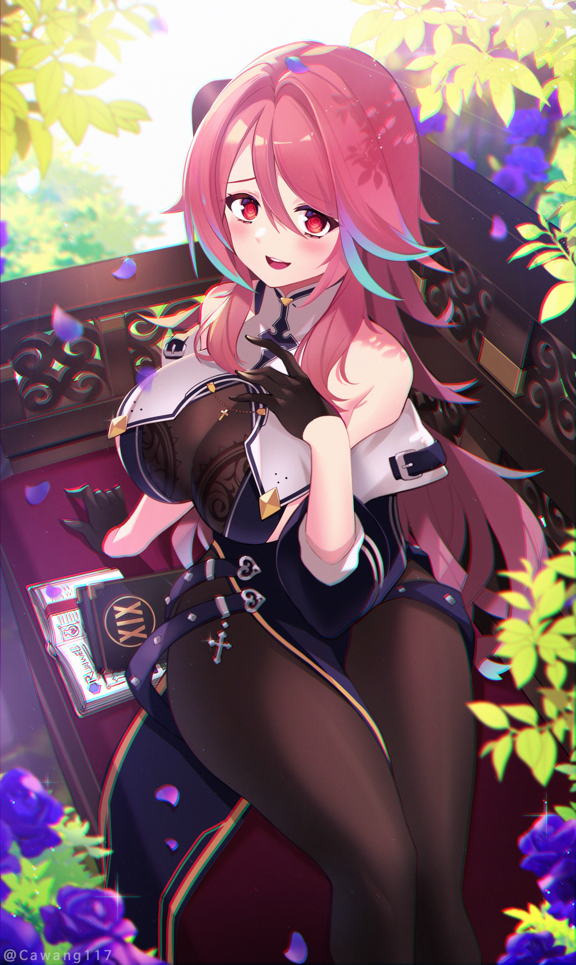 1girl absurdres black_gloves book breasts brown_pantyhose cawang day gloves highres indie_virtual_youtuber large_breasts leaf long_hair looking_at_viewer open_book open_mouth outdoors pantyhose pink_eyes pink_hair rosetta_(vtuber) sidelocks sitting smile solo teeth upper_teeth_only