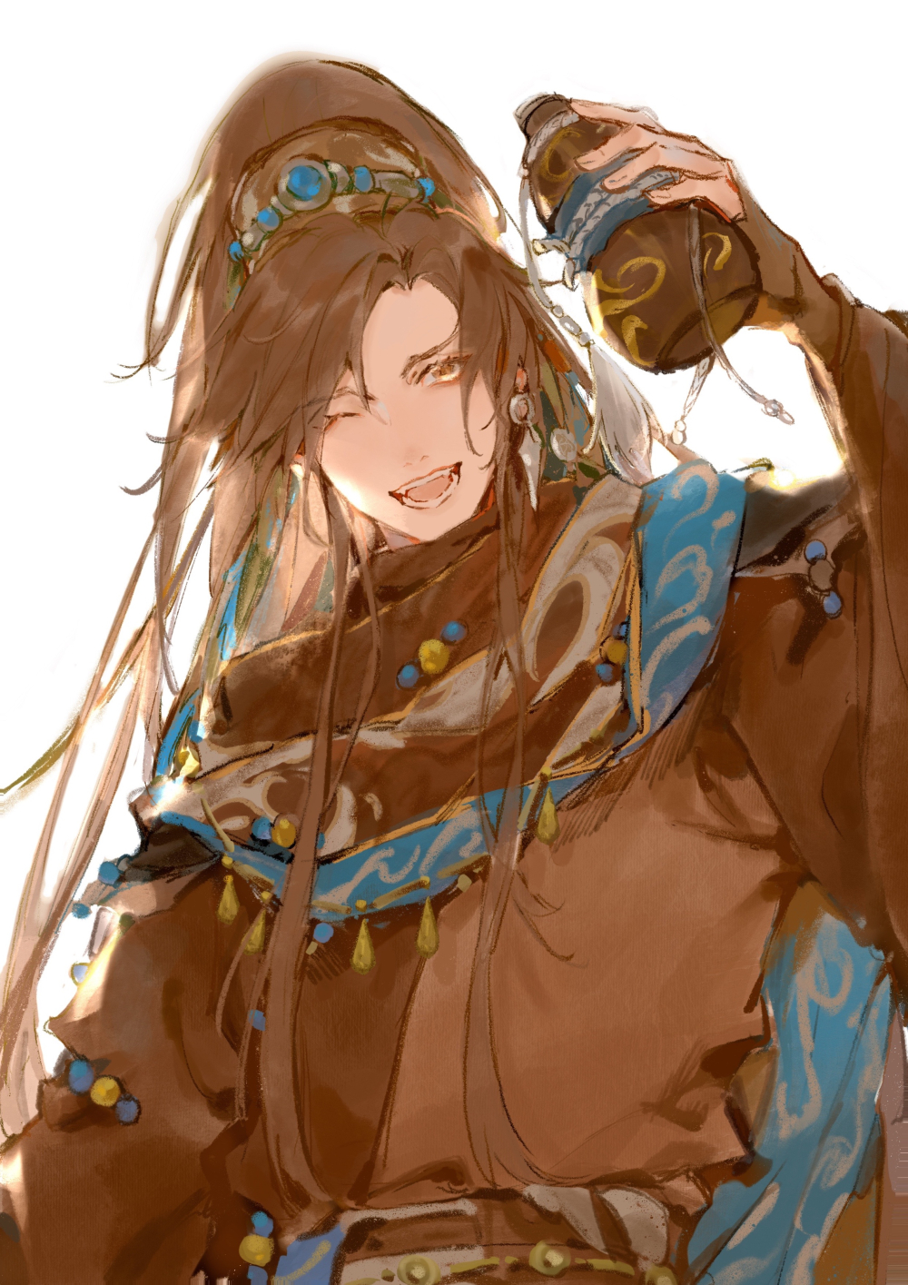 1boy ;d belt bottle brown_eyes brown_hair brown_hanfu brown_scarf chinese_clothes earrings feng_xiaoyao hair_ornament highres holding holding_bottle jewelry jinguang_budaixi long_hair long_sleeves looking_at_viewer male_focus one_eye_closed open_mouth ponytail robe scarf simple_background smile solo tassel teeth upper_body white_background xiao_guan_(headdress) zhao_yi
