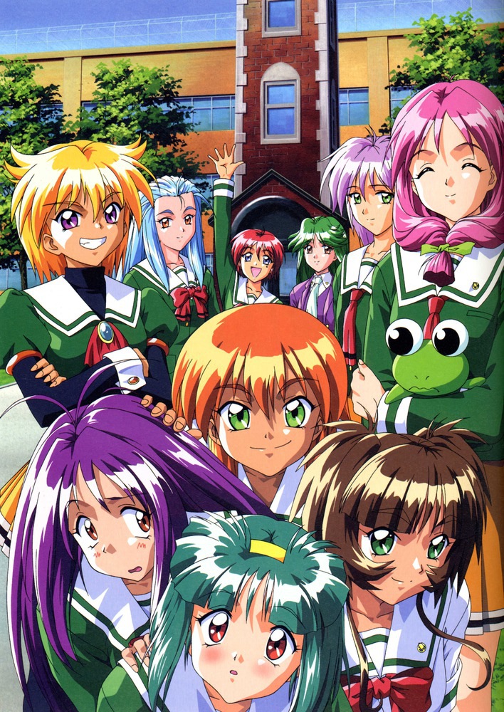 1990s_(style) 6+girls :d ^_^ akai_homura arm_up asou_kasumi blonde_hair blue_eyes blue_hair blush bow brown_eyes brown_hair closed_eyes crossed_arms front_ponytail green_eyes green_hair green_shirt grin hair_over_shoulder happy hinomoto_hikari ichimonji_akane ijuuin_mei kokura_masashi kotobuki_miyuki long_hair minazuki_kotoko mole mole_under_eye multiple_girls necktie official_art open_mouth orange_hair pink_hair purple_eyes purple_hair red_hair retro_artstyle ribbon sakura_kaedeko scan school school_uniform shirayuki_miho shirt short_hair smile surprised tokimeki_memorial tokimeki_memorial_2 tree yae_kaori