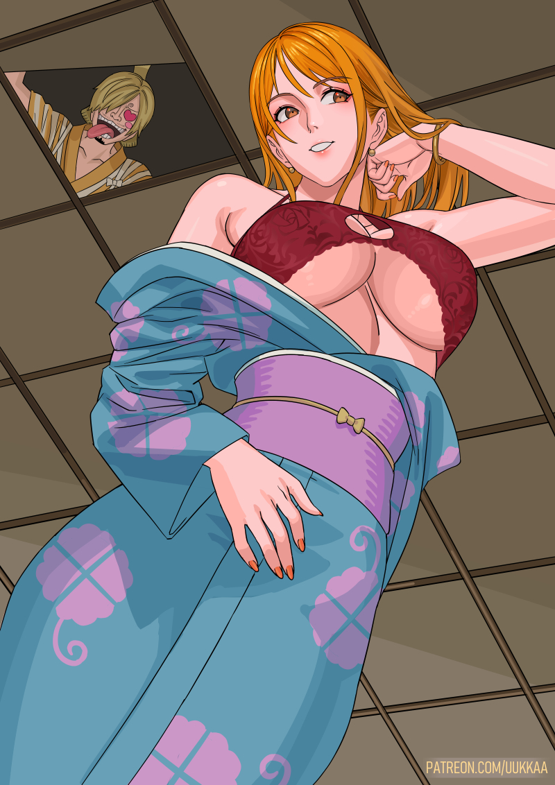 1girl bracelet breasts earrings japanese_clothes jewelry kimono large_breasts long_hair nami_(one_piece) one_piece orange_hair sanji_(one_piece) underboob undressing uukkaa