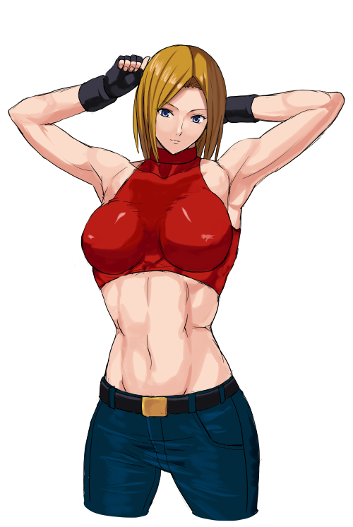 1girl 78_(tky8) abs adjusting_hair armpits arms_up belt black_gloves blonde_hair blue_eyes blue_mary breasts cleavage collarbone covered_erect_nipples denim fatal_fury fingerless_gloves gloves jeans large_breasts looking_at_viewer muscular muscular_female nipples pants short_hair simple_background snk solo sports_bra stomach the_king_of_fighters vest white_background