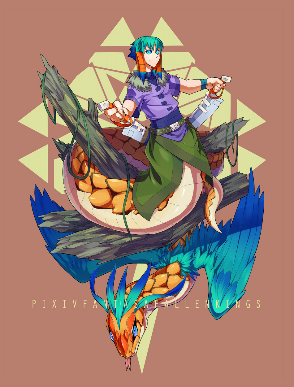1boy black_eyes blue_hair blue_sclera brown_background colored_sclera commentary_request dual_wielding full_body gradient_hair green_hair green_skirt highres holding holding_sword holding_weapon ketaru lamia_boy looking_at_viewer male_focus medium_hair monster monster_boy multicolored_hair original pixiv_fantasia pixiv_fantasia_fallen_kings purple_tunic skirt slit_pupils smile solo sword tunic weapon