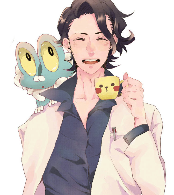 1boy arm_up professor_sycamore black_hair blue_shirt blue_skin breast_pocket closed_eyes coat collarbone collared_shirt colored_skin cup froakie frog gen_1_pokemon gen_6_pokemon holding holding_cup layered_sleeves long_sleeves looking_at_another male_focus nintendo on_shoulder open_collar open_mouth pen pikachu pocket pokemon pokemon_(creature) pokemon_on_shoulder pokemon_xy shirt simple_background smile solo teeth tongue upper_body upper_teeth_only wavy_hair white_background white_coat yellow_eyes yun02-hi25-5