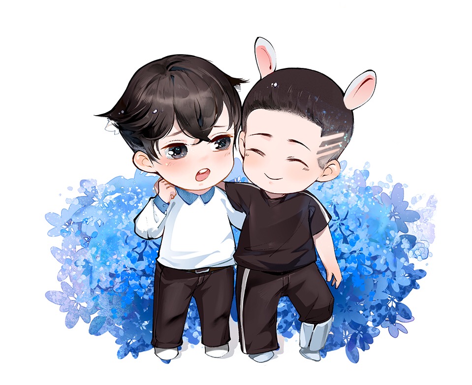 2boys ^_^ animal_ear_fluff animal_ears arm_around_neck bare_arms belt belt_buckle black_belt black_pants black_shirt blue_flower blue_shoes brown_eyes buckle buttons cast character_request check_character chibi chinese_commentary closed_eyes closed_mouth collared_shirt commentary_request crossed_bangs dress_pants floral_background flower forehead furrowed_brow grey_eyes gu_fei_(sa_ye) hair_between_eyes hand_on_another&#039;s_shoulder hand_on_hand happy jiang_cheng_(sa_ye) kemonomimi_mode light_blush light_particles long_sleeves male_focus multiple_boys open_mouth pants rabbit_tail sa_ye sad shirt shoes short_sleeves sideburns smile sweatpants t-shirt tail tearing_up teeth thick_eyebrows upper_teeth_only white_background white_shirt white_shoes wolf_ears yaoi ye_dian_pikaqiu