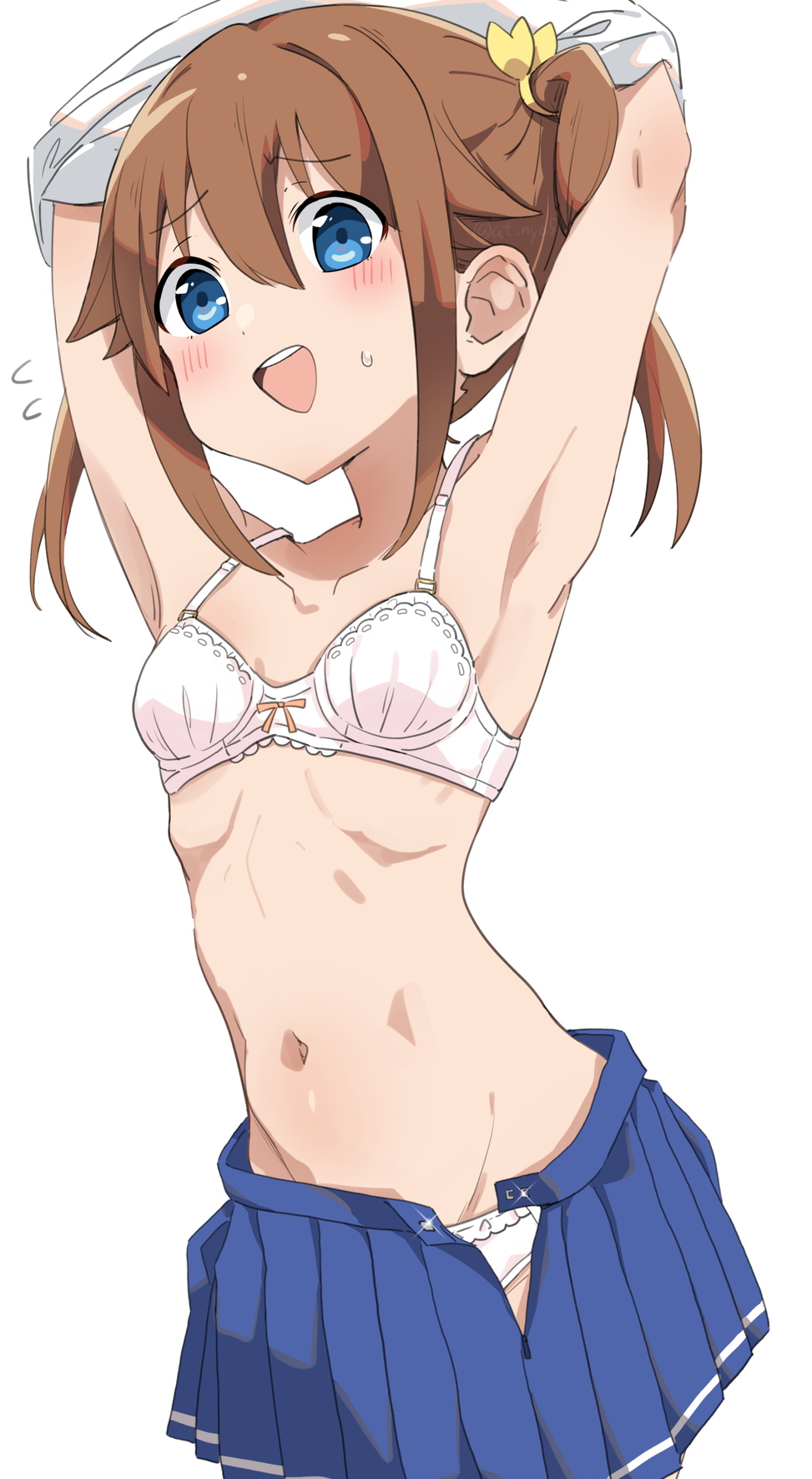 1girl armpits arms_up blue_eyes blue_skirt blush bra breasts brown_hair commission flying_sweatdrops high_school_fleet highres misaki_akeno navel okura-chan_(at_nya5) open_mouth panties pleated_skirt simple_background skeb_commission skirt small_breasts solo stomach sweatdrop twintails underwear undressing unfastened white_background white_bra white_panties