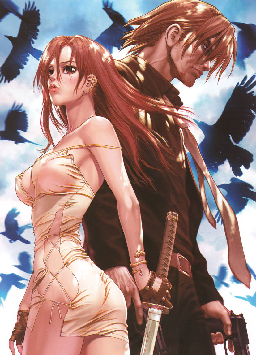 1boy 1girl bare_shoulders beard belt boichi bracelet brown_eyes brown_hair closed_mouth covered_erect_nipples dress earrings facial_hair fingerless_gloves floating_hair flock formal_clothes from_side gloves gun hair_between_eyes high_collar hip_vent holding holding_gun holding_sword holding_weapon jewelry katana lips long_hair long_sleeves looking_afar looking_down looking_up necktie off_shoulder official_art open_mouth revealing_clothes short_hair skin_tight sky suit sun-ken_rock sword teeth tight_clothes twisted_torso upper_body upper_teeth_only veins weapon