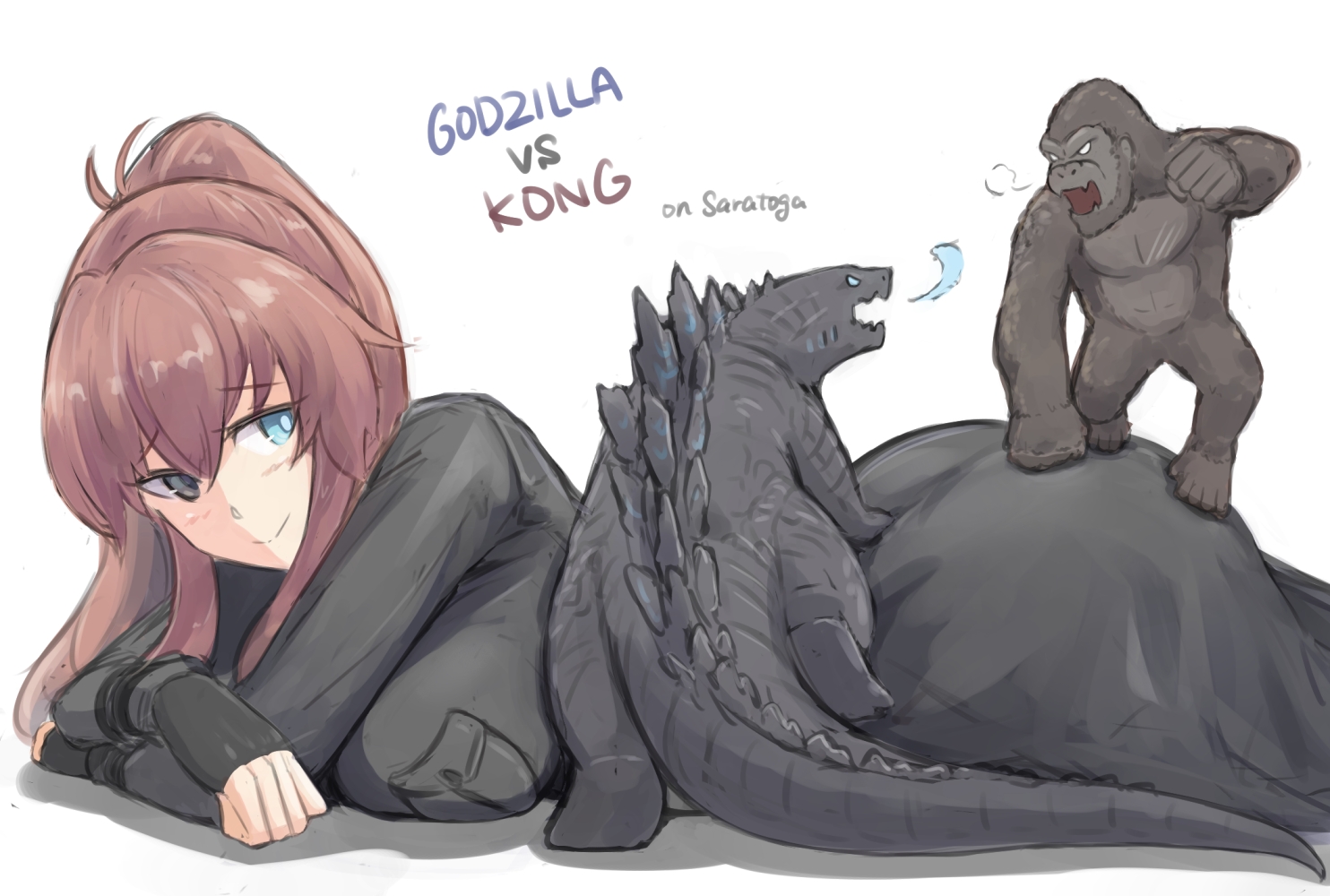 1girl black_dress breast_pocket breasts brown_hair crossover dress godzilla godzilla_(monsterverse) godzilla_(series) godzilla_vs._kong kaiju kantai_collection king_kong king_kong_(series) kong_(monsterverse) large_breasts legendary_pictures long_hair long_sleeves lying mizuchi_(mizuchi7118) monsterverse multiple_crossover on_stomach pocket ponytail saratoga_(kancolle) sidelocks toho