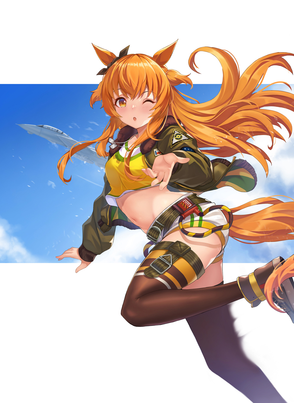 1girl ;o aircraft airplane animal_ears black_ribbon blowing_kiss blush bow breasts brown_eyes brown_shoes brown_thighhighs commentary_request crop_top dog_tags ear_ribbon f-15_eagle floating_hair from_side fur-trimmed_jacket fur_trim green_jacket hand_up highres horse_ears horse_girl horse_tail jacket jet letterboxed long_hair long_sleeves looking_at_viewer mayano_top_gun_(umamusume) midriff motion_blur navel one_eye_closed open_clothes open_jacket orange_hair outside_border ribbon shirt shoes short_shorts shorts solo tail thighhighs two_side_up umamusume vococo white_shorts yellow_shirt