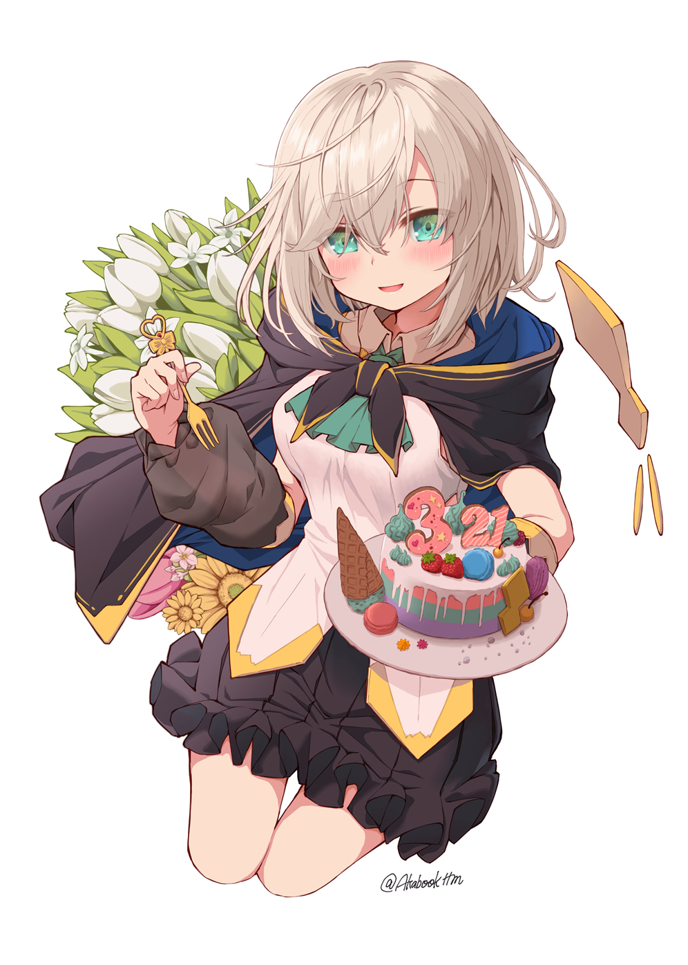 1girl aqua_ascot ars_almal ars_almal_(1st_costume) ascot birthday_cake black_cape black_skirt black_sleeves blue_ascot blue_eyes blush breasts cake cape cloak cropped_legs detached_sleeves flower food fork frilled_skirt frills fruit gold_trim hair_between_eyes highres holding holding_fork holding_plate hood hooded_cape hooded_cloak large_breasts long_sleeves looking_at_viewer miniskirt nijisanji open_mouth parted_lips plate pleated_skirt puffy_long_sleeves puffy_sleeves see-through_clothes see-through_sleeves shirt short_hair simple_background skirt smile solo strawberry tatami_kami thighs twitter_username virtual_youtuber white_background white_hair white_shirt