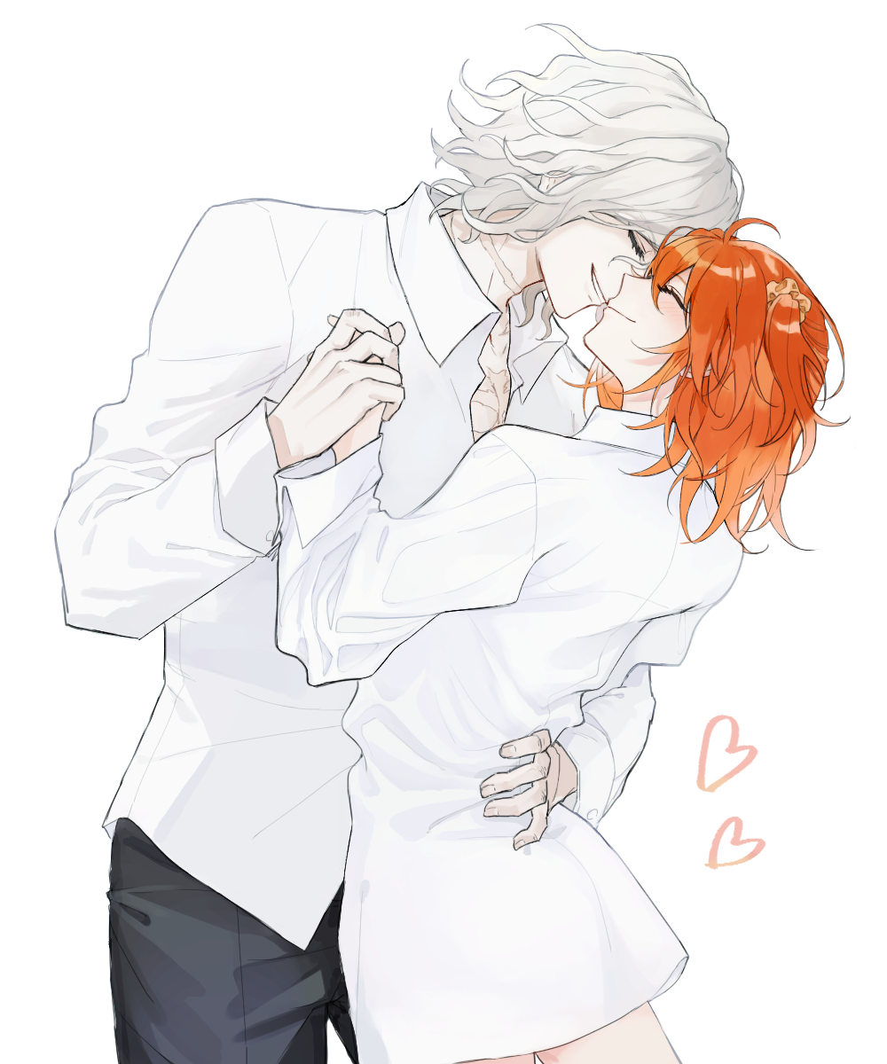 1boy 1girl alternate_costume commentary_request couple edmond_dantes_(fate) fate/grand_order fate_(series) fujimaru_ritsuka_(female) grey_hair hetero highres holding_hands hug imminent_kiss no_pants orange_hair ringo_2000 shirt short_hair simple_background smile torso_grab white_background white_shirt