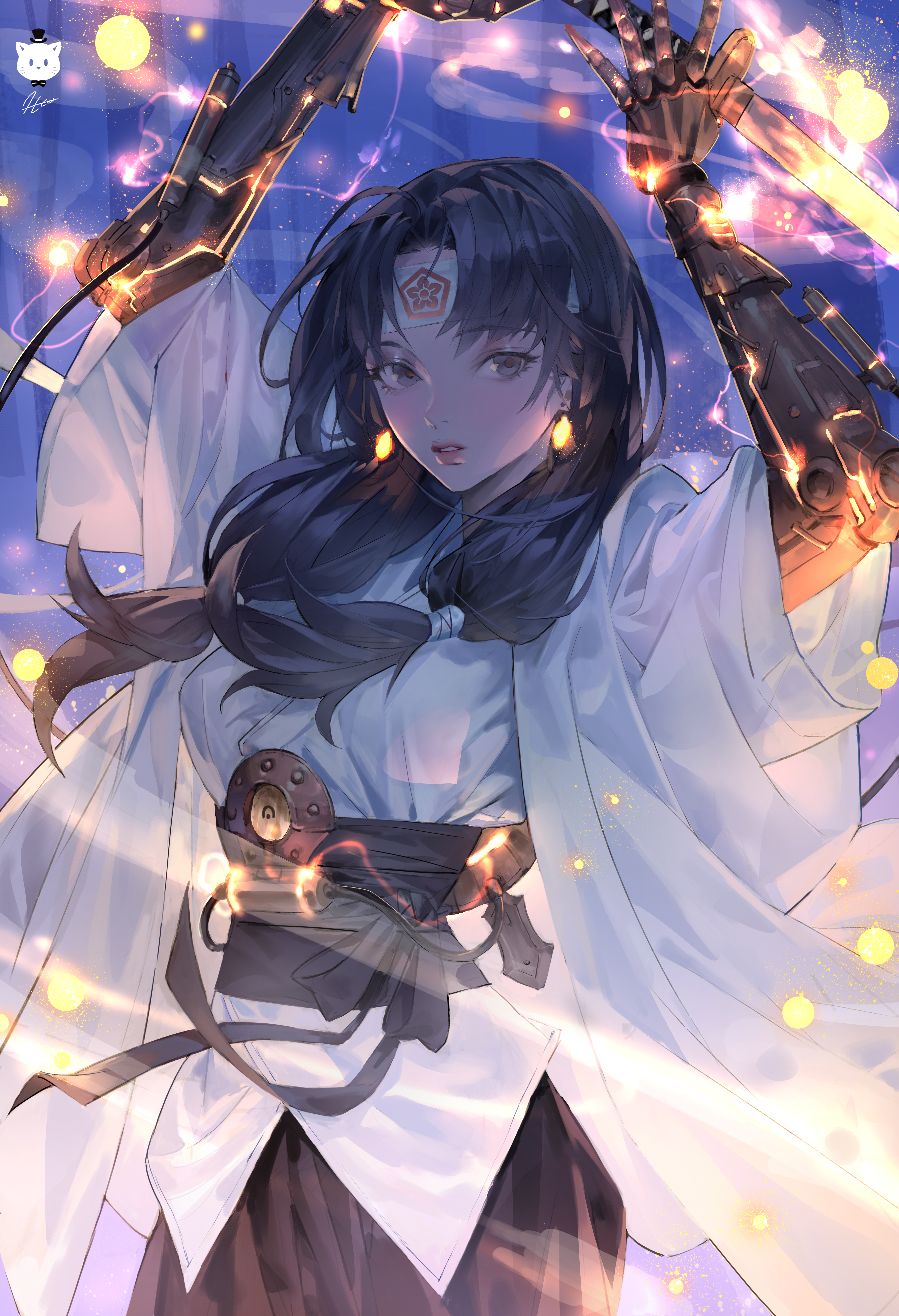 1girl absurdres arms_up artist_logo bandana black_hair black_sash black_skirt breasts commentary cowboy_shot dated_commentary earrings english_commentary glowing grey_eyes highres holding holding_sword holding_weapon jewelry jung_wonjo katana lips logo long_hair long_sleeves looking_at_viewer mechanical_arms medium_breasts original parted_bangs parted_lips sash shirt signature skirt solo sparks sword teeth weapon white_shirt wide_sleeves