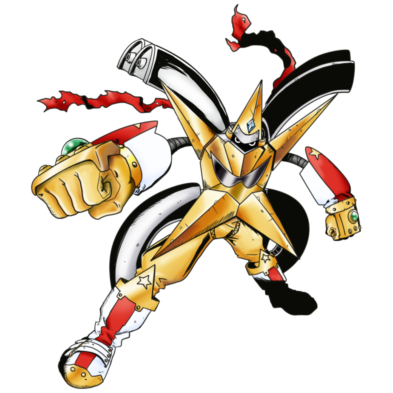 digimon digimon_(creature) fusion looking_at_viewer ninja scarf simple_background star_(symbol) superstarmon tuwarmon white_background xros_up_tuwarmon_(superstarmon)