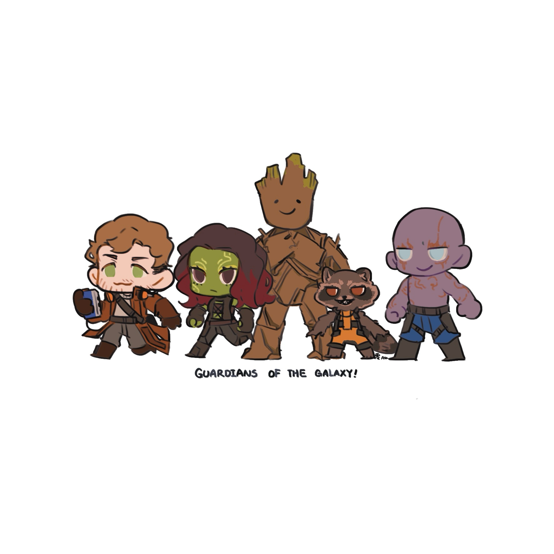 1girl 4boys aqua_eyes azasa221 bald beard_stubble black_bodysuit blue_pants bodysuit brown_coat brown_eyes brown_fur brown_hair coat colored_skin digital_media_player drax_the_destroyer facial_hair fingerless_gloves flora_colossus gamora gloves green_eyes green_skin grey_pants groot guardians_of_the_galaxy headphones headphones_around_neck highres light_smile long_hair marvel marvel_cinematic_universe multicolored_hair multiple_boys orange_bodysuit pants peter_quill purple_hair purple_skin raccoon_boy red_hair rocket_raccoon short_hair simple_background star-lord stubble topless_male tree_boy two-tone_hair white_background