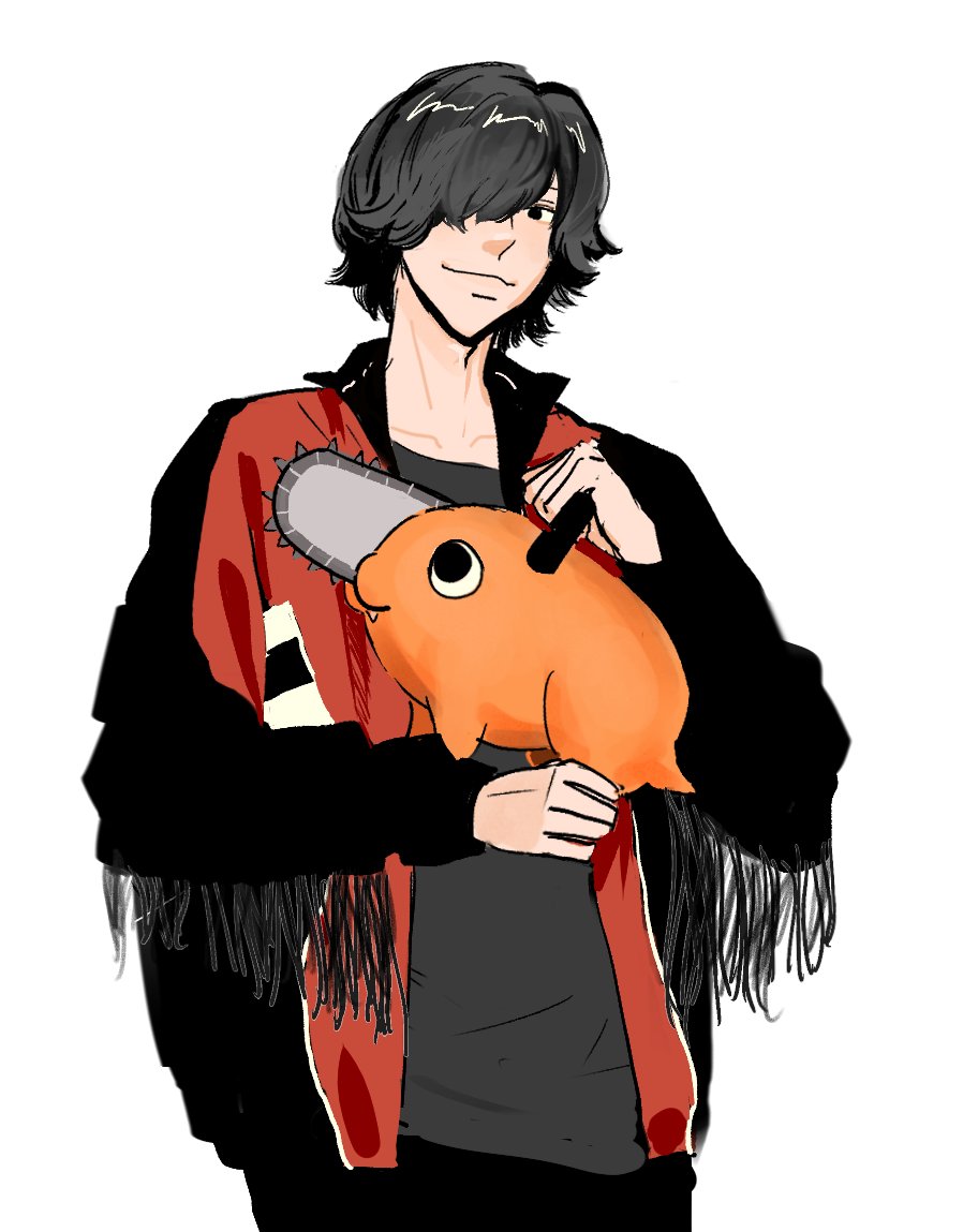 1boy black_hair chainsaw_man collarbone fang fang_zi_shi_sui_zhiwei hair_over_one_eye handle holding jacket kick_back_(song) long_sleeves looking_at_another looking_at_viewer male_focus open_clothes open_jacket pochita_(chainsaw_man) pull_cord real_life smile tassel white_background yonezu_kenshi_(person)