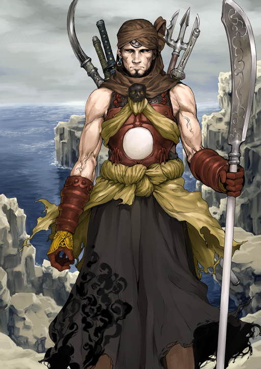 1boy arm_at_side armor bare_shoulders black_facial_hair black_sclera black_skirt breastplate brown_gloves brown_headscarf closed_mouth colored_sclera earrings facial_hair fate/grand_order fate_(series) feet_out_of_frame frown gloves goatee headscarf holding holding_polearm holding_weapon jewelry legs_apart looking_at_viewer male_focus multiple_weapons musashibou_benkei_(fate) no_eyebrows ocean official_art outdoors overcast polearm shinjirou skirt sky solo standing sword third-party_source toned toned_male torn_clothes trident veins weapon weapon_on_back white_eyes