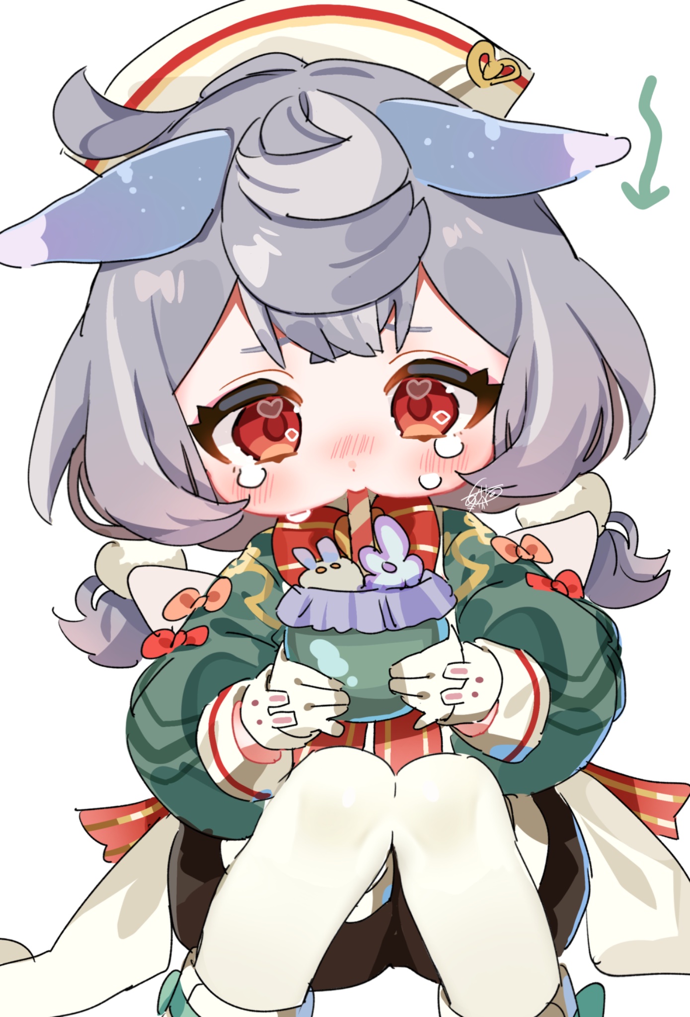 1girl animal_ears aqua_shirt arrow_(symbol) artist_name black_shorts blue_hair blush bow bowtie brooch commentary_request crossed_bangs crying cup drinking_straw drinking_straw_in_mouth ears_down feet_out_of_frame genshin_impact gloves gradient_hair hair_between_eyes hair_ornament hat heart heart_in_eye highres holding holding_cup jewelry knees_up long_sleeves low_twintails meda_cha medium_hair milkshake multicolored_hair nurse_cap pantyhose pink_bow pom_pom_(clothes) pom_pom_hair_ornament puffy_cheeks puffy_long_sleeves puffy_shorts puffy_sleeves purple_hair red_bow red_bowtie red_eyes red_ribbon ribbon sad shirt shorts sidelocks sigewinne_(genshin_impact) signature simple_background sitting solo symbol_in_eye tears twintails white_background white_gloves white_hat white_pantyhose