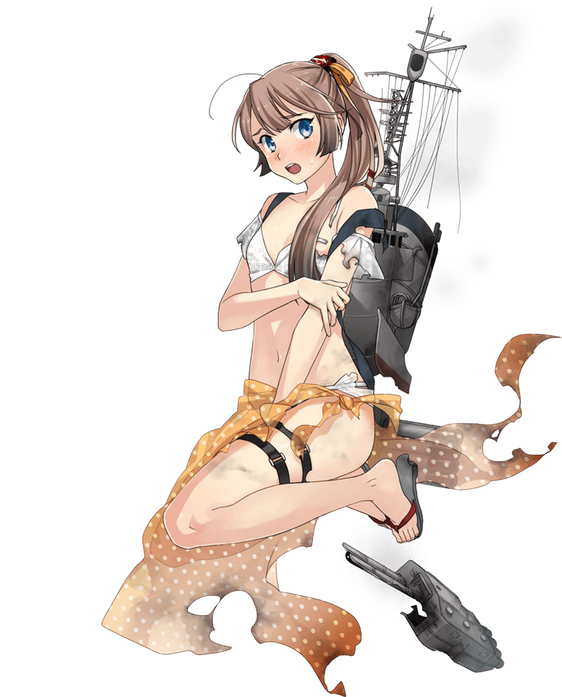 1girl blue_eyes blush brown_hair collarbone flip-flops fujikawa full_body hair_over_shoulder kantai_collection kazagumo_(kancolle) kazagumo_kai_ni_(kancolle) kazagumo_kai_ni_(swimsuit)_(kancolle) long_hair machinery navel official_art open_mouth ponytail rigging sandals solo thigh_strap torn_clothes torpedo_tubes transparent_background