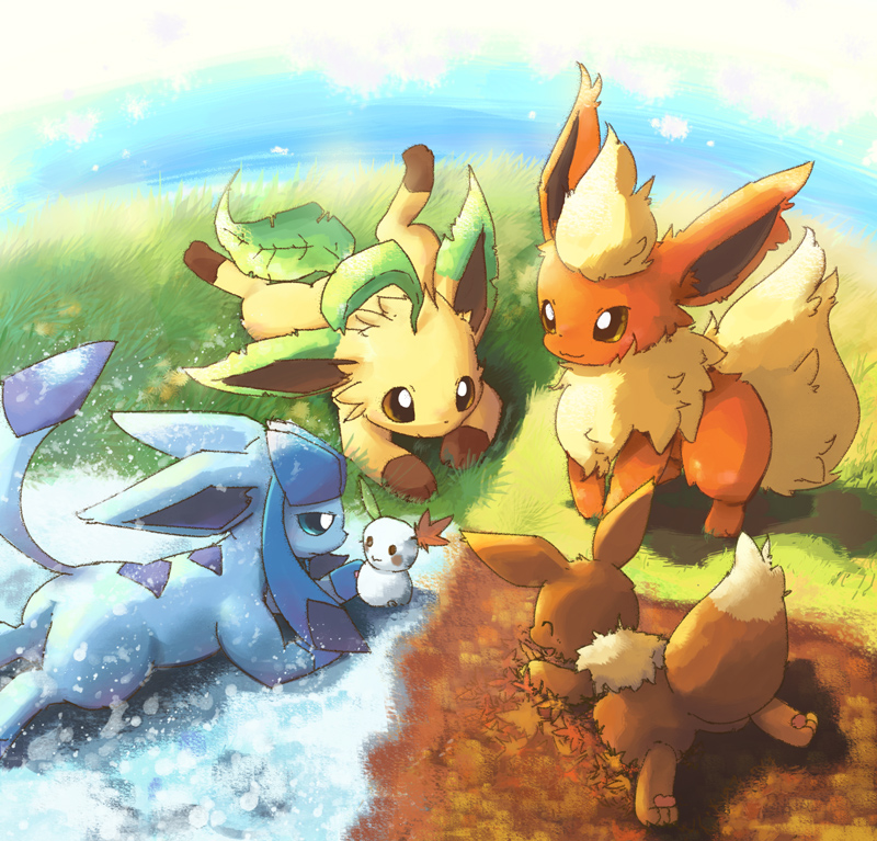 autumn autumn_leaves blue_eyes blue_hair blush brown_eyes buro_(block) closed_eyes eevee flareon gen_1_pokemon gen_4_pokemon glaceon grass happy leaf leafeon nintendo open_mouth pawpads pokemon pokemon_(creature) seasons sidelocks smile snow snowman spring_(season) summer winter
