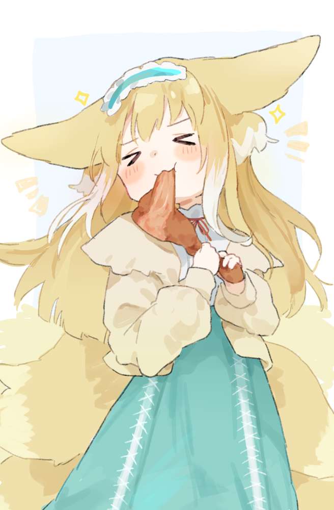 &gt;_&lt; 1girl animal_ears aqua_skirt arknights biting blonde_hair blue_background blush_stickers border cardigan chewing chicken_(food) chicken_wing closed_eyes commentary cowboy_shot eating excited food holding holding_food long_hair long_skirt long_sleeves notice_lines open_cardigan open_clothes outside_border shirt skirt solo sparkle standing suzuran_(arknights) tail unitedunti white_border white_shirt yellow_cardigan yellow_tail