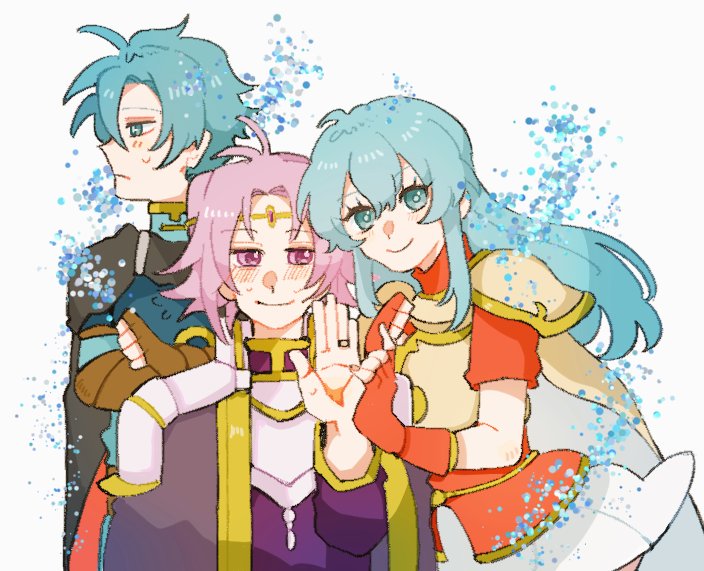 1girl 2boys antenna_hair armor aura black_cape blue_eyes blue_hair blush breastplate brother_and_sister brown_gloves cape circlet cloak closed_mouth cowboy_shot crossed_arms curtained_hair double-parted_bangs eirika_(emblem)_(fire_emblem) eirika_(fire_emblem) ephraim_(emblem)_(fire_emblem) ephraim_(fire_emblem) fingerless_gloves fire_emblem fire_emblem:_the_sacred_stones fire_emblem_engage frown gloves gold_circlet gold_ring gold_trim hair_between_eyes half-closed_eyes high_collar holding_hands implied_hetero long_hair long_sleeves looking_at_viewer looking_to_the_side miniskirt multiple_boys neeeeeeega_2025 nintendo parted_bangs pauldrons purple_cloak purple_eyes purple_hair purple_robe red_cape red_gloves red_shirt robe shirt short_hair short_sleeves shoulder_armor siblings sidelocks skirt sweat sweatdrop turtleneck turtleneck_shirt twins two-sided_cape two-sided_fabric white_armor white_background white_skirt yellow_armor yellow_cape