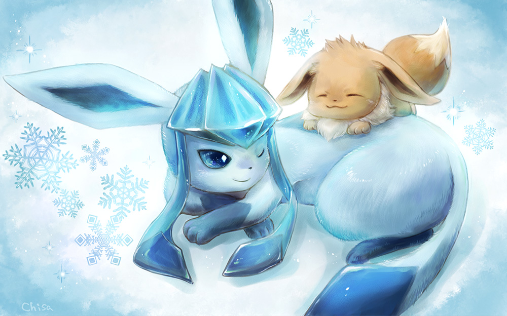 animal_focus blue_eyes blue_hair closed_eyes eevee gen_1_pokemon gen_4_pokemon glaceon long_hair lying momomo12 nintendo no_humans one_eye_closed pokemon pokemon_(creature) sidelocks smile snowflakes wink