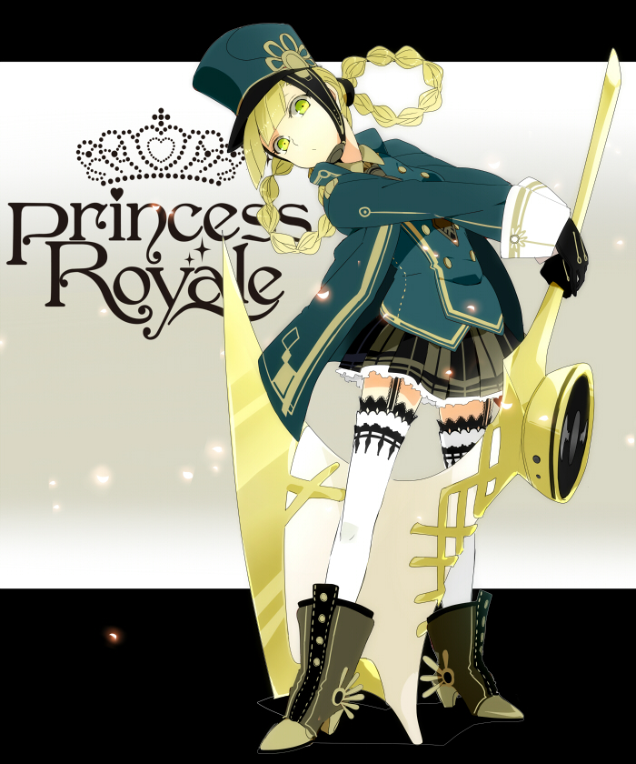 1girl al_(arupaka) black_gloves blonde_hair boots copyright_name dorothy_gale female_focus garter_straps gloves hat original ponytail princess_royale scythe solo the_wizard_of_oz thighhighs translation_request white_thighhighs yellow_eyes