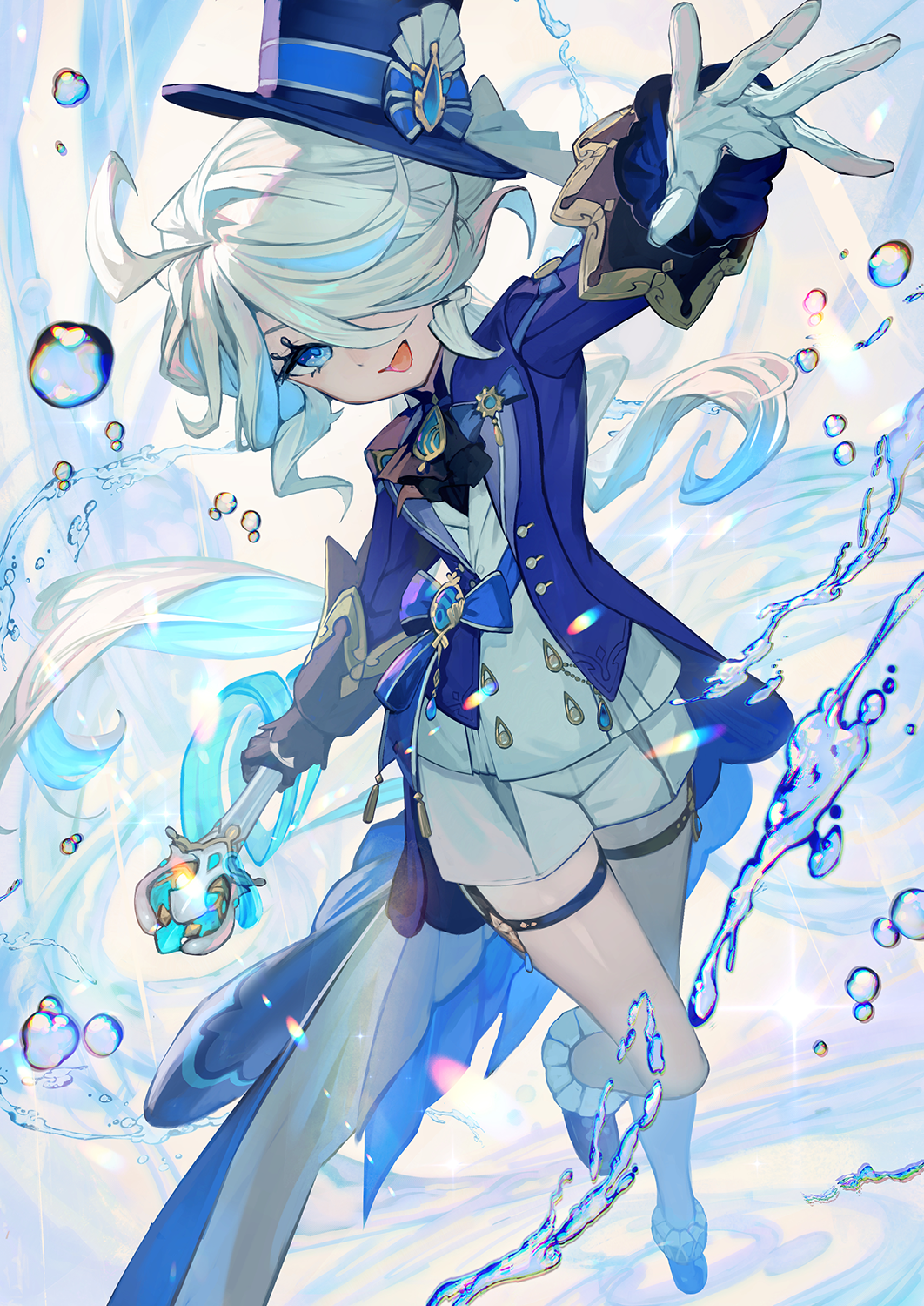 1girl ascot blue_eyes blue_hair blue_hat blue_jacket blush breasts brooch cowlick furina_(genshin_impact) genshin_impact gloves hat highres jacket jewelry lack light_blue_hair long_hair long_sleeves looking_at_viewer multicolored_hair open_clothes open_jacket open_mouth outstretched_arm sash shirt short_shorts shorts small_breasts smile solo streaked_hair swept_bangs thigh_strap top_hat vision_(genshin_impact) water white_hair white_shirt white_shorts