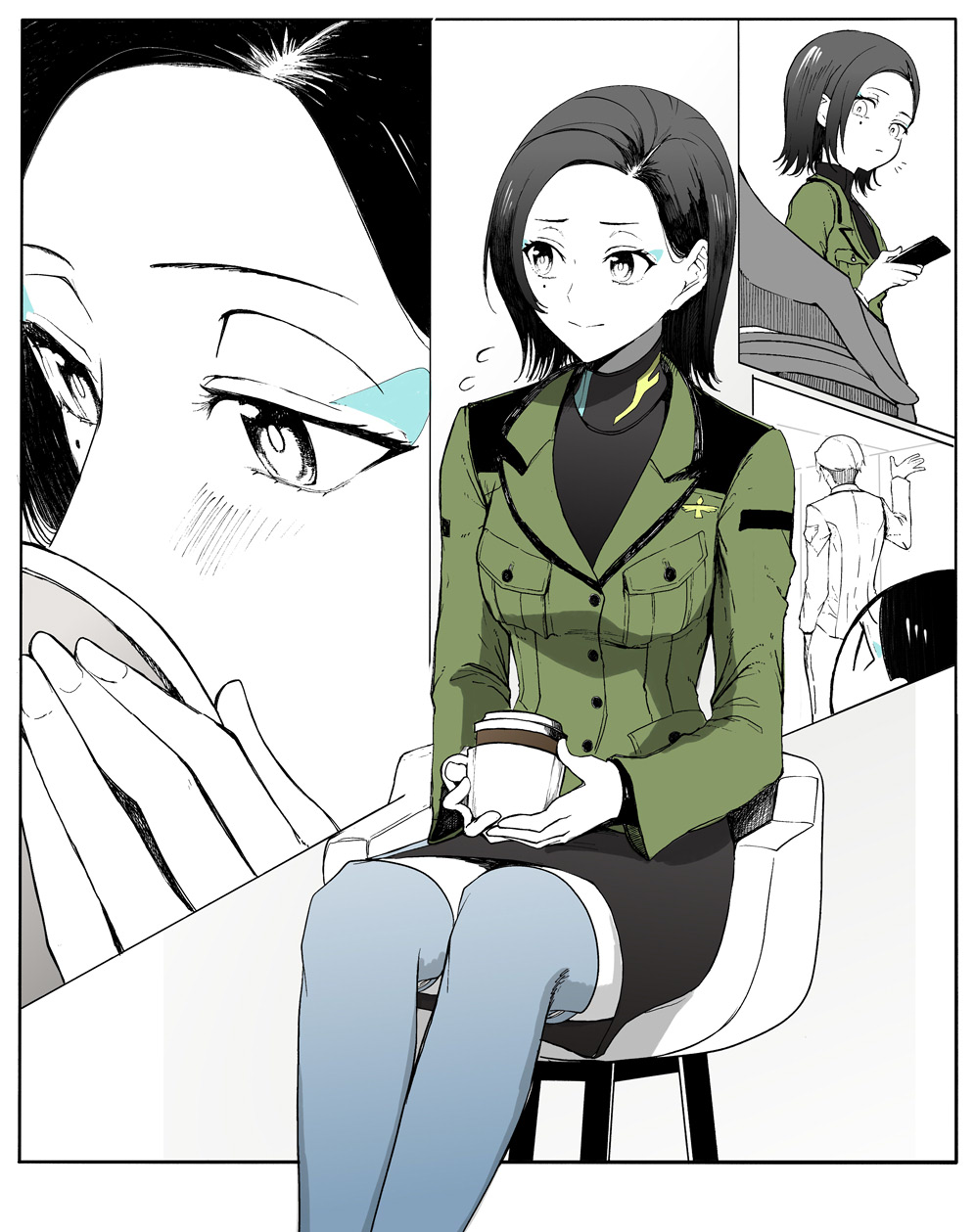 1boy 1girl asymmetrical_bangs black_shirt black_skirt blue_eyeshadow blue_thighhighs blush breasts cellphone challia_bull character_request check_character closed_mouth commentary comoli_harcourt cup disposable_coffee_cup disposable_cup drinking eyeshadow feet_out_of_frame flying_sweatdrops forehead furrowed_brow green_jacket gundam gundam_gquuuuuux highres holding holding_cup holding_phone jacket long_sleeves makeup medium_breasts military_uniform miniskirt mole mole_under_eye multiple_views notice_lines outside_border parted_bangs partially_colored pencil_skirt phone shirt short_hair simple_background sitting skirt smartphone solo_focus stool syatey thighhighs turtleneck waving white_background zettai_ryouiki
