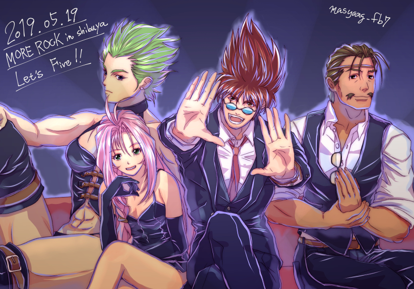 2019 2boys 2girls :d black_dress black_gloves black_shoes black_vest blue-tinted_eyewear boots brown_hair circlet collared_shirt crossed_legs dated dress dress_shirt elbow_gloves facial_hair fire_bomber flat_chest gloves green_hair grin long_hair long_sleeves looking_over_eyewear macross macross_7 multiple_boys multiple_girls mustache mylene_jenius necktie nekki_basara open_mouth pink_hair ray_lovelock red_necktie round_eyewear ryu_(masu_nantoka-san) shirt shoes short_dress short_hair signature smile spiked_hair sunglasses thigh_boots tinted_eyewear veffidas_feaze vest white_shirt wing_collar