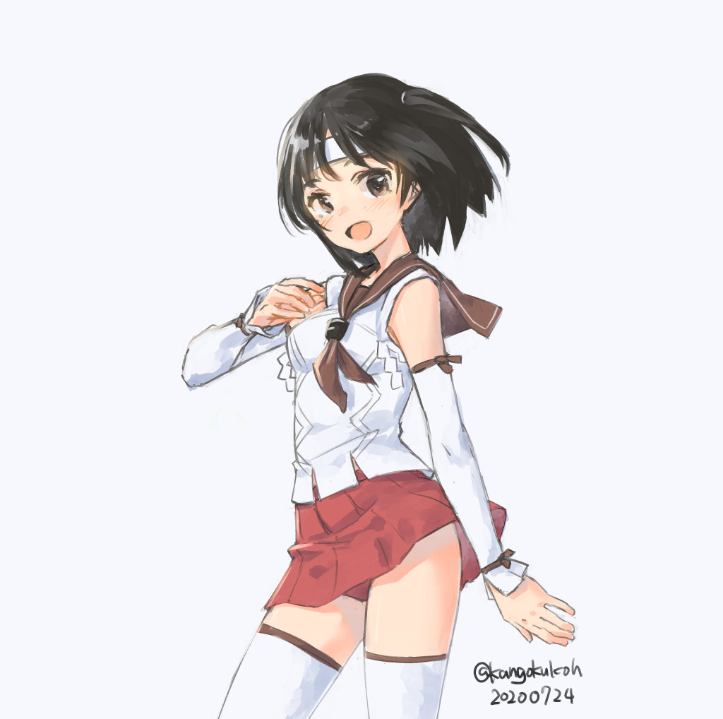 1girl black_hair brown_eyes brown_neckerchief brown_sailor_collar buruma detached_sleeves headband kangoku_kou kantai_collection nagara_(kancolle) neckerchief one-hour_drawing_challenge one_side_up pleated_skirt red_buruma red_skirt sailor_collar sailor_shirt school_uniform serafuku shirt short_hair simple_background skirt sleeveless sleeveless_shirt smile solo thighhighs white_background white_headband white_thighhighs