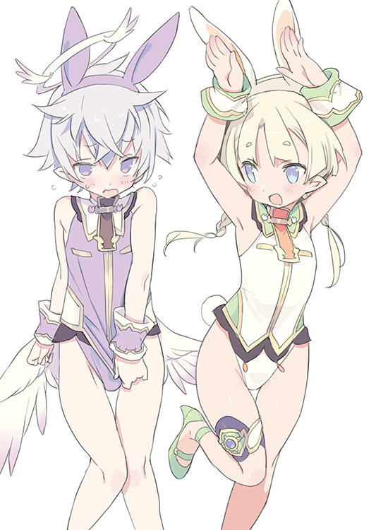 1boy 1girl adapted_uniform angel angel_wings animal_ears armpits blade_(galaxist) blonde_hair blue_eyes blush braid bunny_day circlet crossdressing elf embarrassed fake_animal_ears halo juno_bernal leotard long_hair low_wings luke_venus male_playboy_bunny mini_wings playboy_bunny pointy_ears pop-up_story purple_eyes rabbit_ears rabbit_pose rabbit_tail silver_hair simple_background smile st._feles_gakuen_uniform standing standing_on_one_leg tail twin_braids white_background wings wrist_cuffs