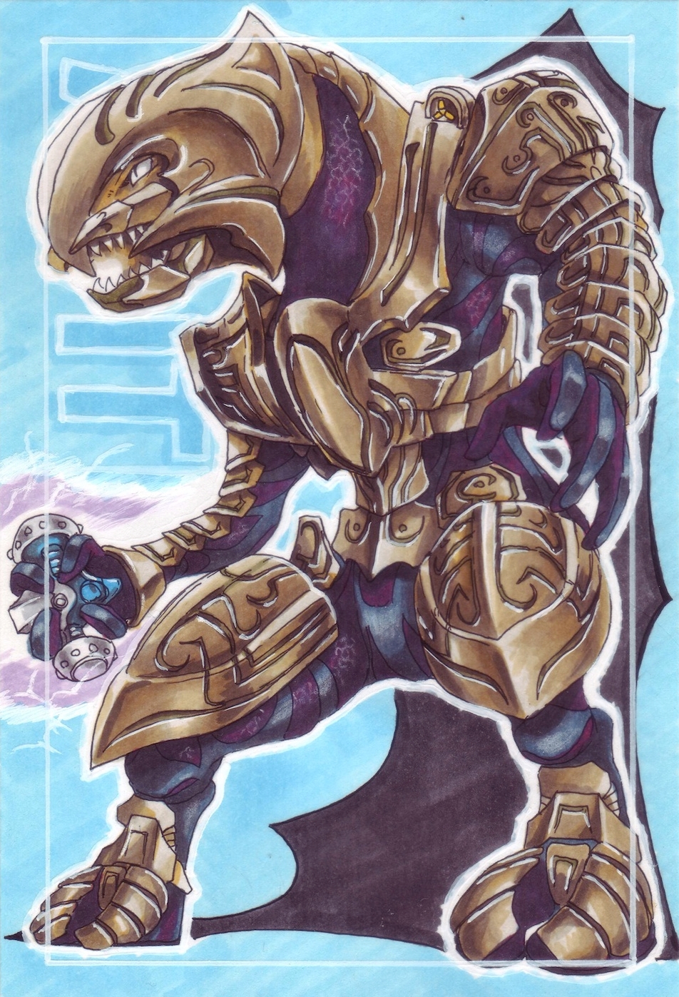 arbiter armor energy_sword halo_(game) halo_(series) hanausagi3627 highres no_humans plasma_sword sharp_teeth slit_pupils sword teeth weapon