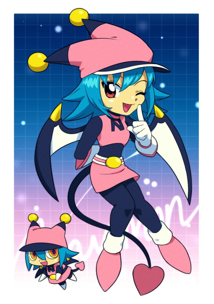 1girl boots digimon digimon_(creature) fang female_focus navimon_(digimon) one_eye_closed open_mouth pink_boots solo tail wings wink
