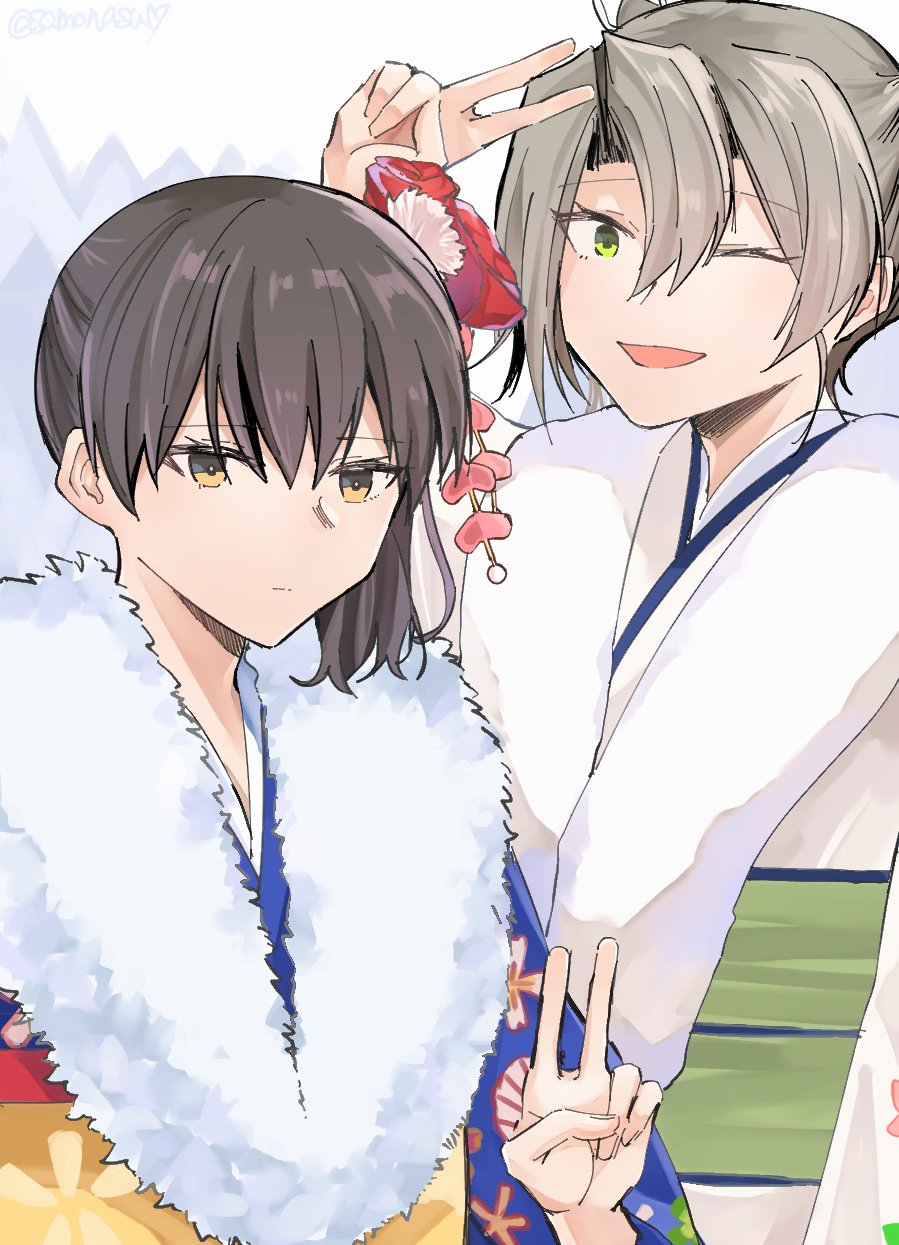 2girls brown_eyes brown_hair commentary_request fur-trimmed_kimono fur_trim furisode grey_hair highres japanese_clothes kaga_(kancolle) kaga_(new_year)_(kancolle) kantai_collection kimono long_hair looking_at_viewer multiple_girls one_eye_closed samonasu17 side_ponytail twintails upper_body v yellow_eyes zuikaku_(kancolle)