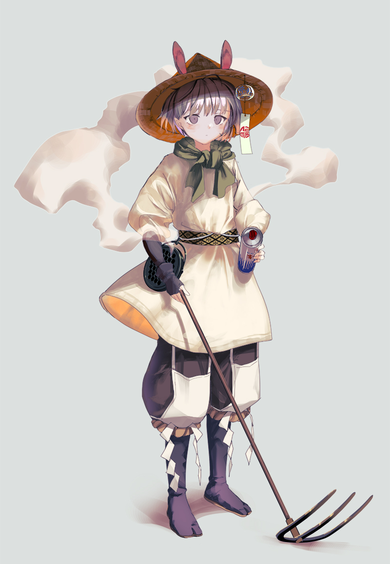 1girl animal_ears black_socks can conical_hat full_body grey_background holding holding_can holding_rake kouka_(mrakano5456) looking_at_viewer mosquito_coil original purple_eyes purple_hair rake smoke socks solo spray_can