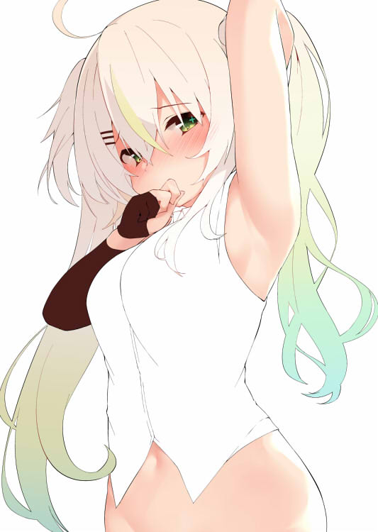1girl ahoge arm_behind_head arm_up armpits blonde_hair blush breasts camomi_camomi commentary_request covering_own_mouth detached_sleeves embarrassed finger_to_mouth gloves gradient_hair green_eyes hair_ornament hairclip indie_virtual_youtuber looking_at_viewer medium_breasts multicolored_hair navel partially_fingerless_gloves shirt sideboob single_detached_sleeve solo stomach terazip two_side_up upper_body virtual_youtuber white_shirt