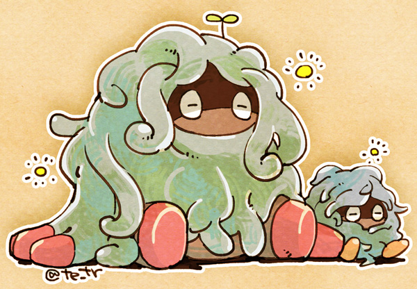 closed_eyes evolutionary_line gen_1_pokemon gen_4_pokemon nintendo no_humans pokemon pokemon_(creature) shaded_face simple_background sitting sprout squeans tangela tangrowth tetori twitter_username