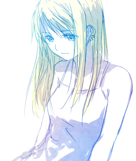 1girl arms_at_sides bare_arms bare_shoulders blonde_hair blue_eyes blue_theme earrings expressionless female_focus fullmetal_alchemist jewelry long_hair looking_down monochrome riru shirt simple_background sleeveless sleeveless_shirt solo upper_body white_background white_shirt white_theme winry_rockbell