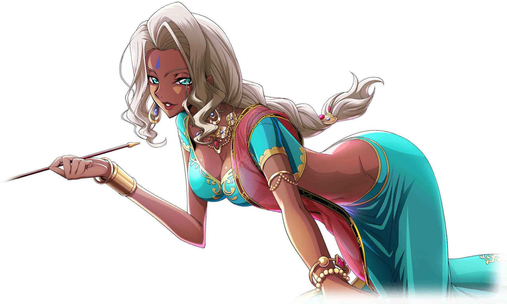 1girl arabian_clothes armlet artist_request bangle blonde_hair blue_eyes blue_gemstone blue_shirt blue_skirt bracelet bracer braid breasts cleavage code_geass code_geass:_lost_stories crop_top cropped_legs dark-skinned_female dark_skin earrings facial_mark female_focus forehead forehead_mark game_cg gem gold gold_trim groin half-closed_eyes hand_up happy highres holding holding_smoking_pipe jewelry leaning_forward lipstick long_hair long_skirt looking_at_viewer makeup medium_breasts navel necklace non-web_source official_art parted_lips rakshata_chawla red_gemstone red_lips red_shawl see-through_clothes shawl shirt short_sleeves sidelocks simple_background single_braid skirt smile smoking_pipe solo standing stomach teeth transparent_background v-shaped_eyebrows
