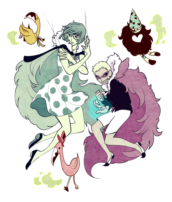 1boy 1girl aged_down aged_up bird black_shirt blonde_hair coat crossed_arms donquixote_doflamingo dress fighting_stance flamingo green_coat green_hair grin medium_hair monocle one_piece pink_coat polka_dot polka_dot_dress prepbon shirt short_hair shorts smile sugar_(one_piece) sunglasses thread toy two-tone_dress white_dress white_shorts