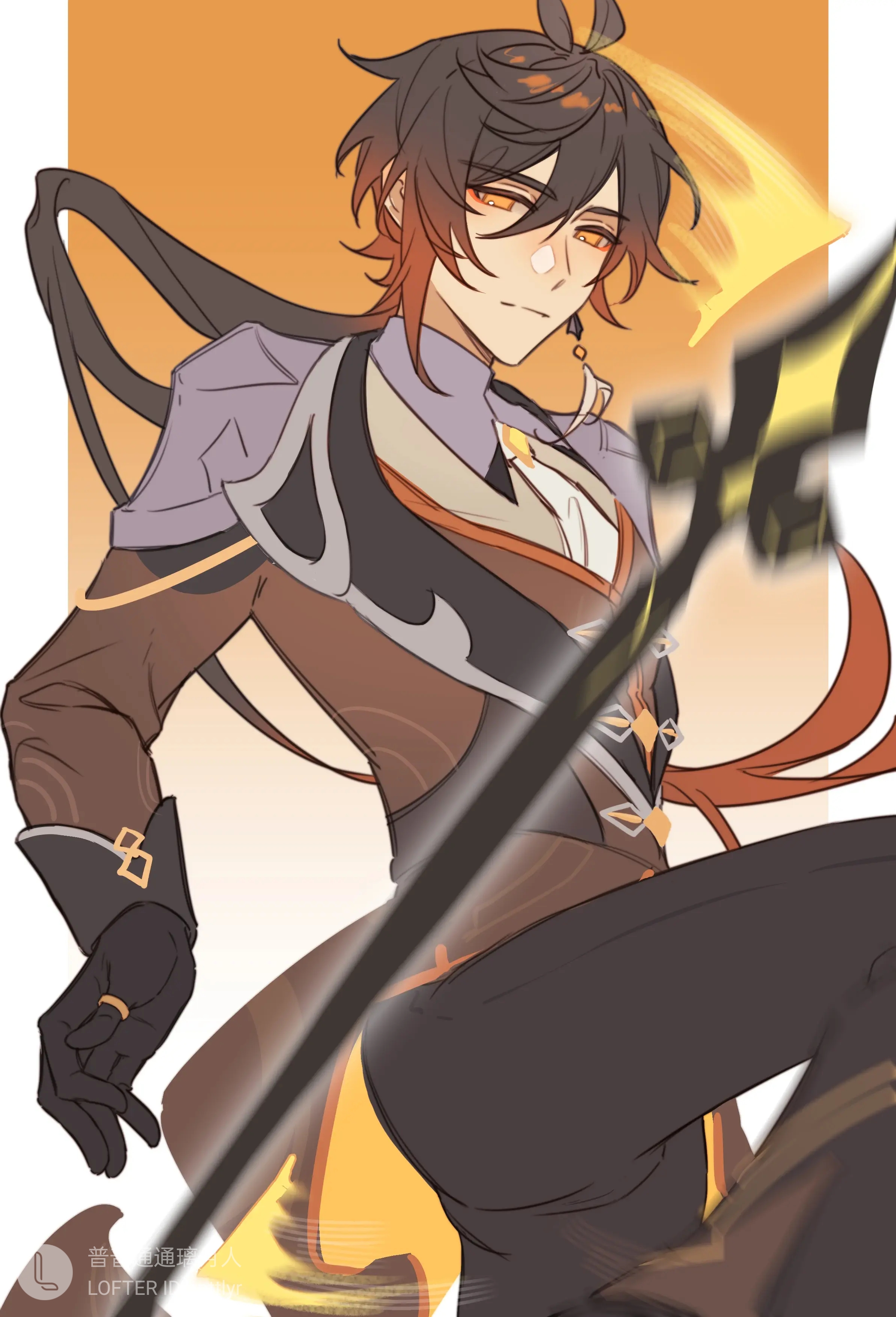1boy genshin_impact kicking lofter lofter_logo polearm ppttlyr solo solo_focus vortex_vanquisher_(genshin_impact) weapon zhongli_(genshin_impact)
