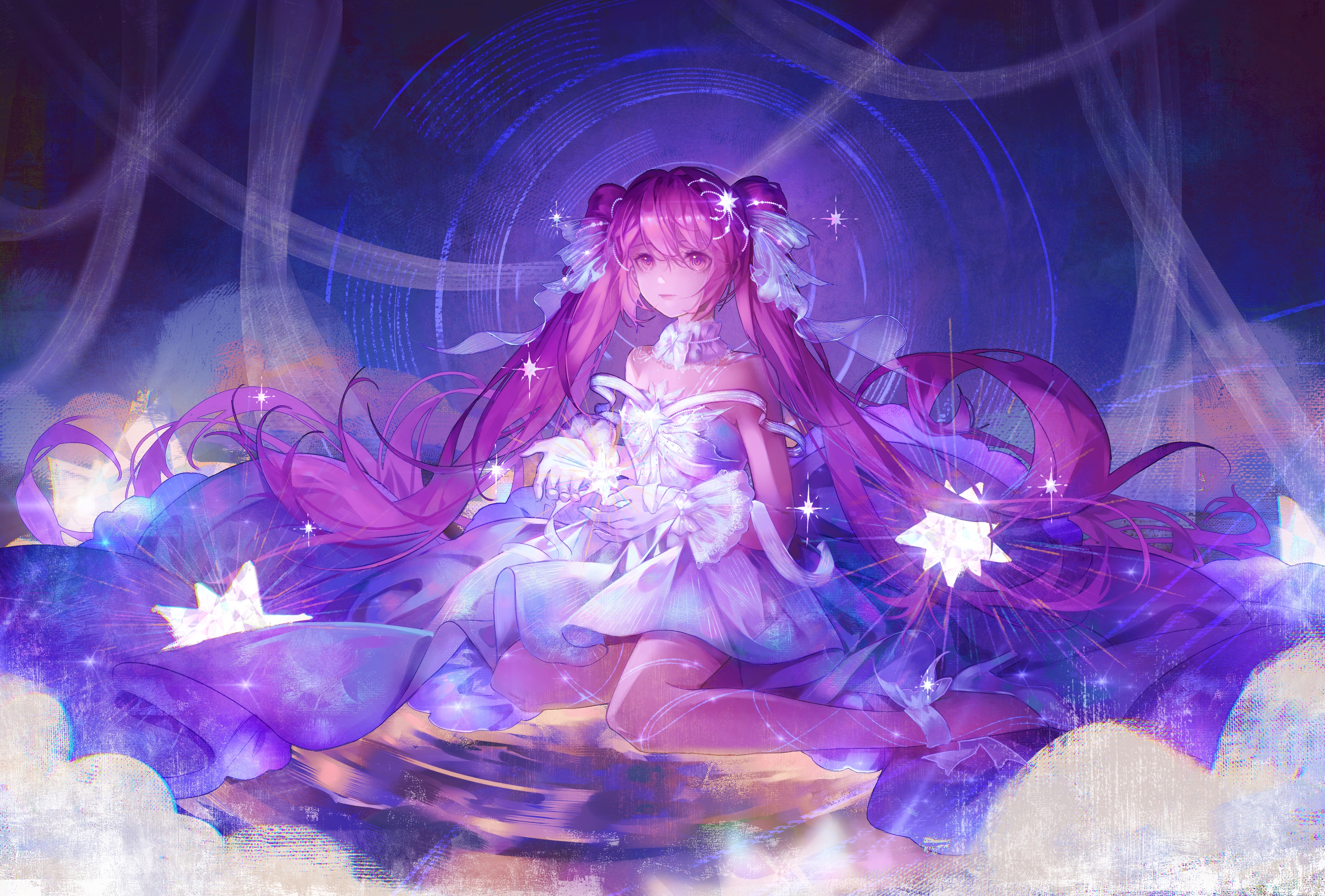 1girl absurdly_long_hair absurdres arm_ribbon artist_request bare_shoulders bow bow_choker bowtie brooch chinese_commentary choker closed_mouth cloud commentary_request double_bun dress expressionless frilled_choker frilled_gloves frills full_body gloves glowing gown gradient_clothes gradient_dress guides_of_star_(shining_nikki) hair_bow hair_bun hair_ornament hair_spread_out high_heels highres jewelry leg_ribbon lipstick long_dress long_hair looking_ahead makeup night night_sky nikki_(nikki) nikki_(series) object_floating_above_hand outdoors outstretched_hand pink_eyes pink_hair pink_lips pleated_dress purple_bow purple_dress ribbon ripples second-party_source shining_nikki shoes sitting sitting_on_liquid sky solo star_(symbol) star_brooch star_hair_ornament starry_sky_print strapless strapless_dress striped_bow twintails two-tone_dress very_long_hair water white_bow white_bowtie white_choker white_dress white_gloves white_ribbon white_shoes yokozuwari