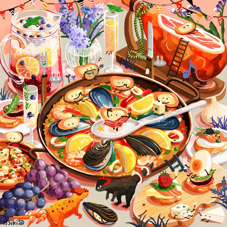 artist_name banana black_cat blueberry bowl bug cat chair crab cup drinking_glass egg egg_(food) fish flower food food_focus fork fruit glass grapes issiki_toaki knife ladder leaf lemon lemon_slice meat mushroom musical_note no_humans orange_(fruit) orange_slice original paella plate rabbit shrimp soup spoon string_of_flags