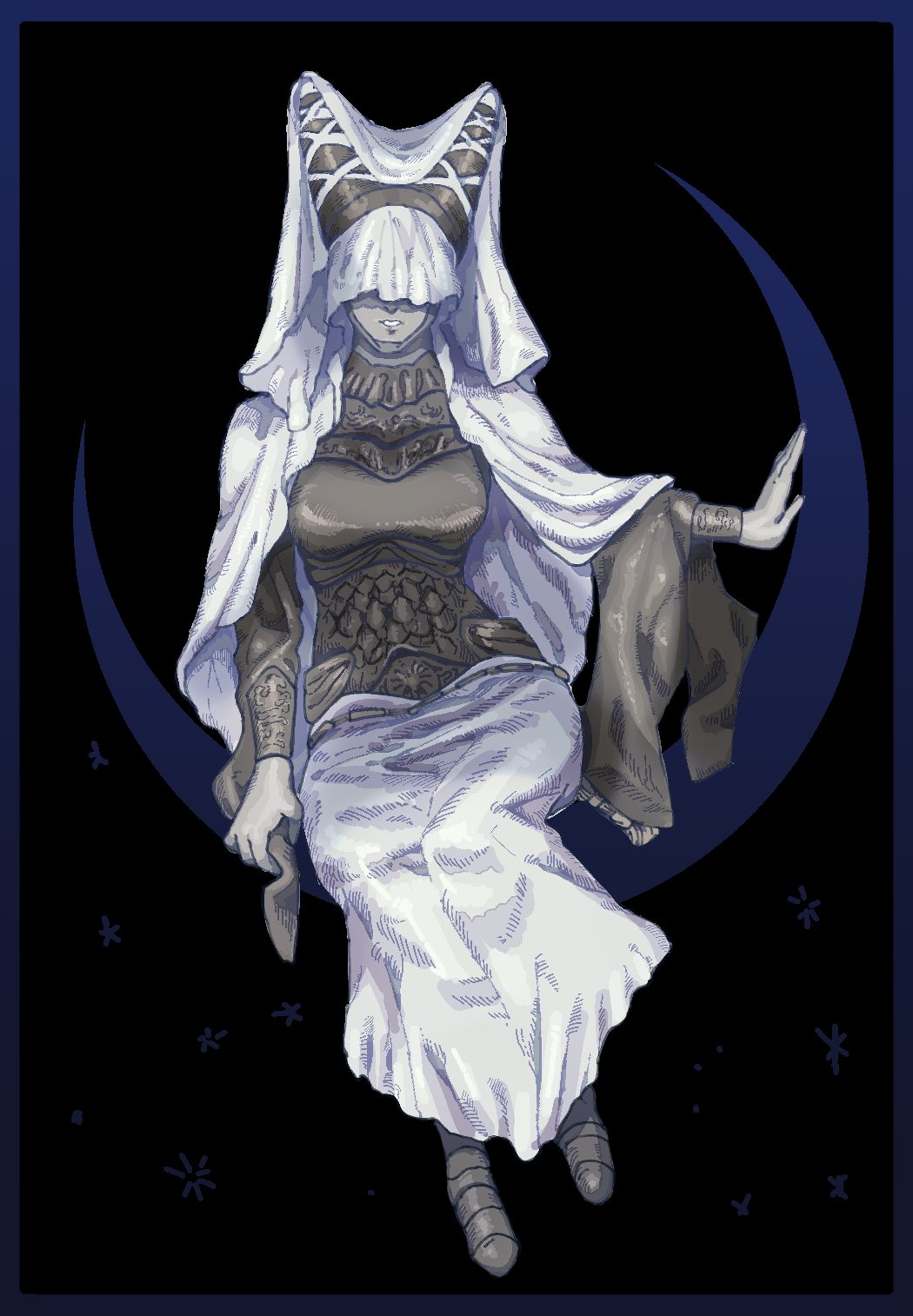 1girl armor armored_dress black_background blue_border border breasts cape colored_skin covered_eyes crescent dress elden_ring full_body grey_skin highres large_breasts night_maiden_(elden_ring) sitting smile solo veil white_cape white_veil yamete_kure8
