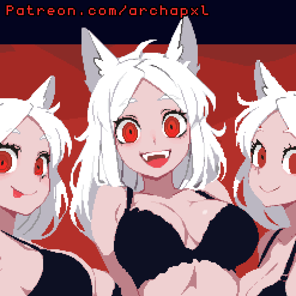 3girls :d :p animal_ears archapxl bare_shoulders black_border black_bra border bra breasts cerberus_(helltaker) cleavage closed_mouth commentary cropped_vest dog_ears dog_girl english_commentary eyelashes fangs frilled_bra frills helltaker long_hair looking_at_viewer medium_breasts multiple_girls open_mouth outside_border paid_reward_available parted_bangs patreon_username pixel_art red_background red_eyes siblings sisters smile thick_eyebrows tongue tongue_out underwear underwear_only unfinished vest watermark web_address white_hair