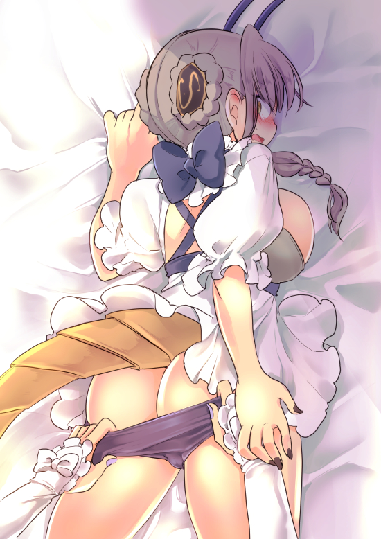 2girls antennae blush bow braid brown_hair elbow_gloves genderswap genderswap_(mtf) gloves hair_ornament kouji_(kari) la_pucelle_(mahoiku) long_hair magical_girl mahou_shoujo_ikusei_keikaku mahou_shoujo_ikusei_keikaku_unmarked multiple_girls nail_polish panties panty_pull snow_white_(mahoiku) solo_focus tail underwear white_gloves yellow_eyes yuri