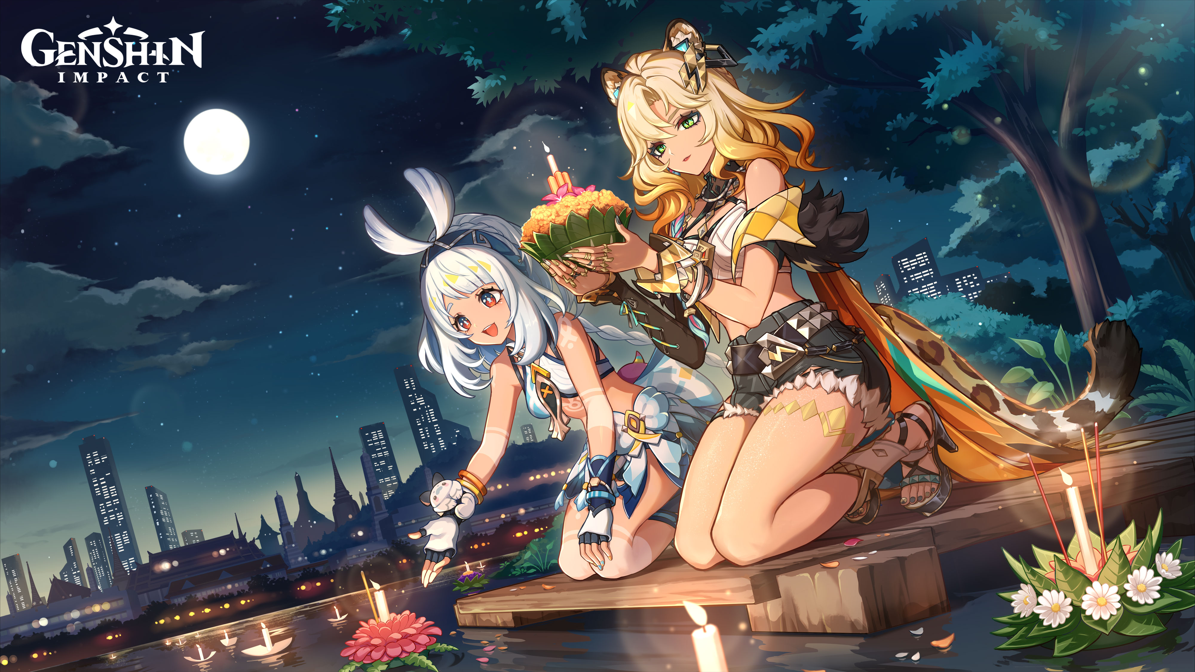 2girls absurdres animal_ears bare_shoulders blonde_hair blue_hairband braid fingerless_gloves genshin_impact gloves green_eyes hair_between_eyes hairband highres jaguar_ears jaguar_girl jaguar_tail kratong long_hair loy_kratong mualani_(genshin_impact) multicolored_hair multiple_girls nail_polish official_art open_mouth red_eyes smile tail tan thai_commentary thailand thighs twin_braids xilonen_(genshin_impact)