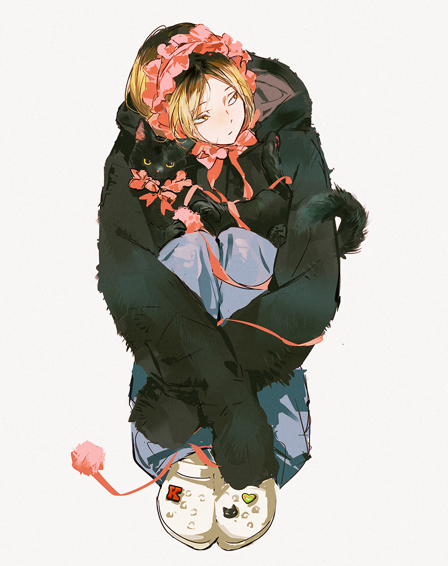 1boy androgynous animal black_cat black_hoodie blonde_hair blue_pants bow brown_hair cat closed_mouth crocs denim dot_nose frilled_headwear fur_hoodie grey_background haikyuu!! holding holding_animal holding_cat hood hood_down hoodie huangdanlan jeans kozume_kenma looking_to_the_side male_focus multicolored_hair pants pink_bow pink_ribbon ribbon roots_(hair) shoes sideways_glance simple_background sleeves_past_fingers sleeves_past_wrists solo white_shoes yellow_eyes